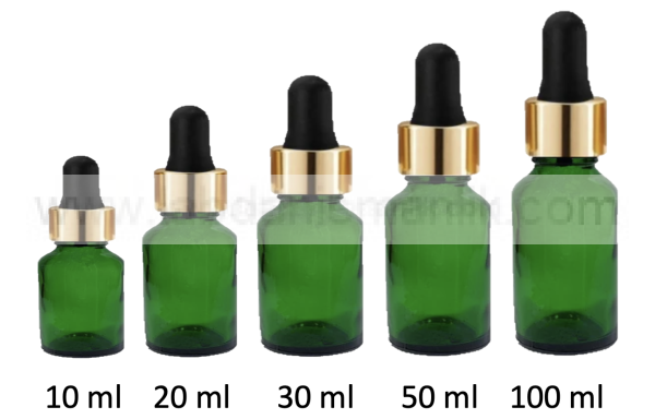 10 – 20 – 30 – 50 – 100 ml Cam Şişe Damlalık, Yeşil cam damlalıklı şişe, Damlalıklı Yeşil Renk Cam Şişe Gold Başlıklı